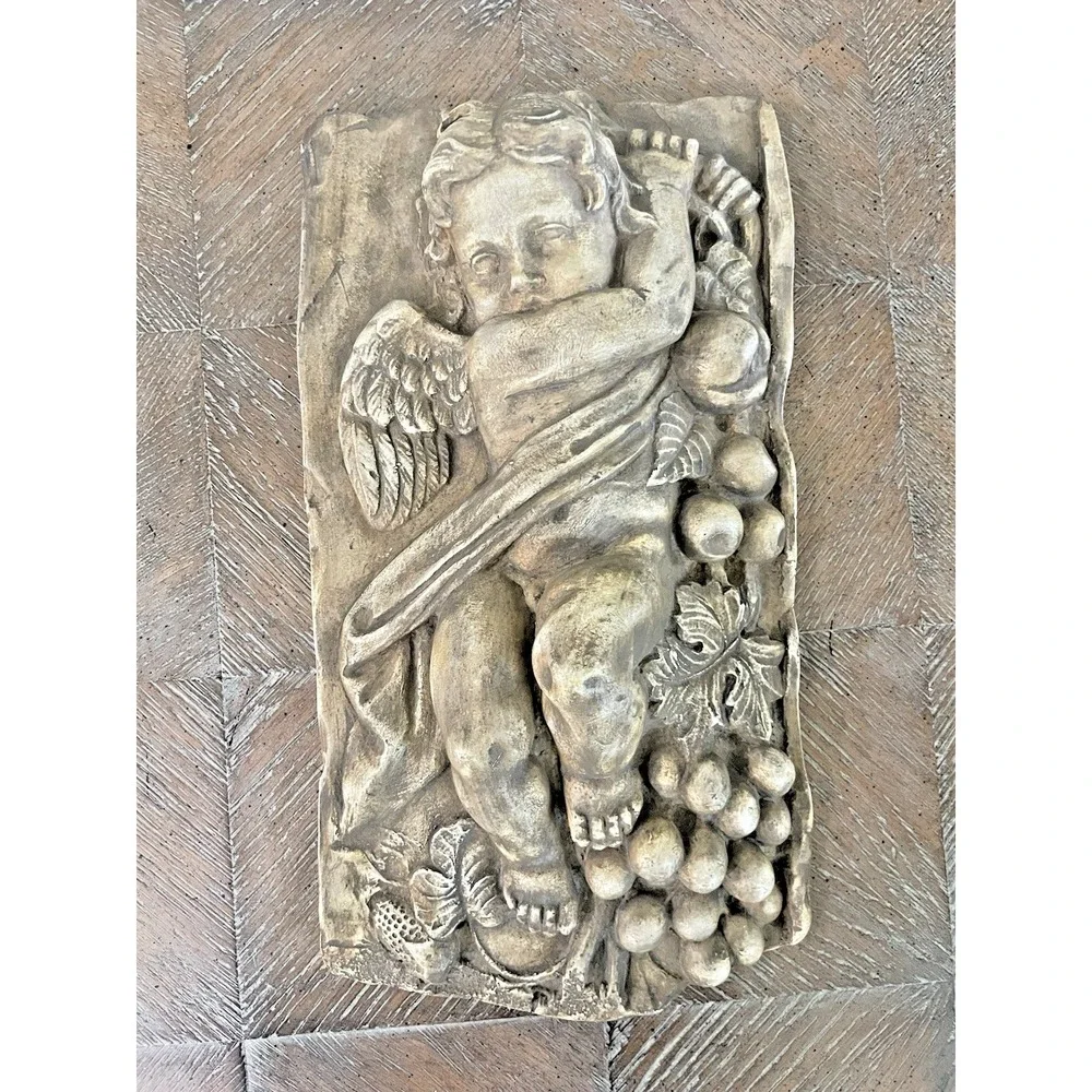 Vtg Hen-Feathers Cherub Angel Fruit  Wall Plaque Relief Resin 7x12